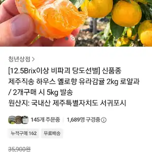 [카카오 톡딜] 12.5Brix이상 제주직송 유라감귤 2.5kg 14,900원/무배